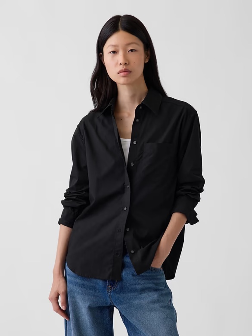 GAP Women’s Perfect Shirt Poplin Button-Up 100% Cotton Black Size S